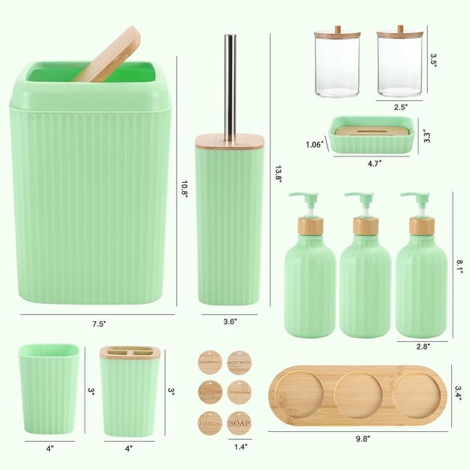 XLHOMO Green Bathroom Accessories Set 17PCS Bathroom Set with Trash Can 3PCS Lotion Soap Dispenser, Toothbrush Holder, 6PCS Wood Tags Bath Accessories with Tray for Kitchen Bathroom