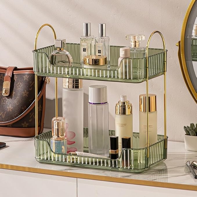 CESTATIVO Bathroom Organizer Countertop, Vanity Trays for Bathroom, Skincare Makeup Shelf, Organizer, Counter Shelf Cosmetics, Toiletries, Lotions, Perfumes (2 Tiers, Green)