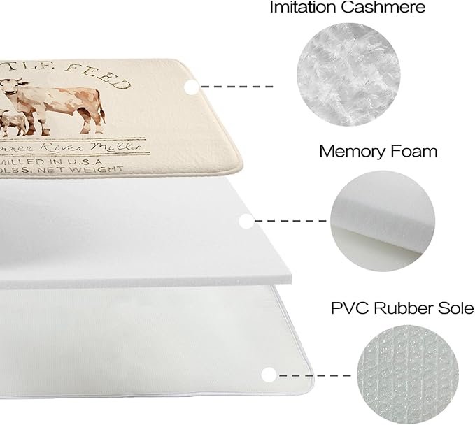 Farmhouse Cattle Feed Cow Rustic Bathroom Sets with Shower Curtain 72Wx72H and Rugs and Accessories Decor with Bath Mat, U-Shaped Contour Velvet Washable 20 x 31 inches Ivory and White