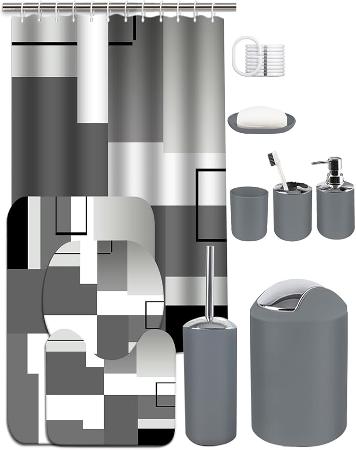 Lnond Grey Bathroom Set, 22-Piece Orange Geometry Bathroom Decor Set with with Shower Curtain and Rugs, Trash Can, Toilet Brush Holder Set & Soap Dispenser
