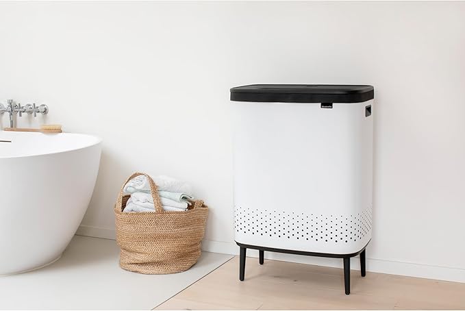 Brabantia Bo Laundry Hamper Hi (White) 2 Compartment Removable Laundry Bag 2 x 12 Gal, Ventilated Stylish Dirty Clothes Holder, Flat Back, Off-the Ground, Anti-Rust Materials for Bathroom Use