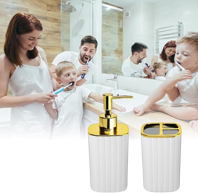 2Pack Bathroom Accessories Set, White Bathroom Set. Bathroom Toothbrush Holder Set, Includes Dispenser and Toothbrush Holder. Bohemian Bathroom Accessories