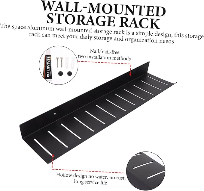 Garneck Black Space Aluminum Wall Mounted Bathroom Organizer Shelf Nail Wall Storage Rack for Living Bedroom Office Space Saving Bathroom Shelves