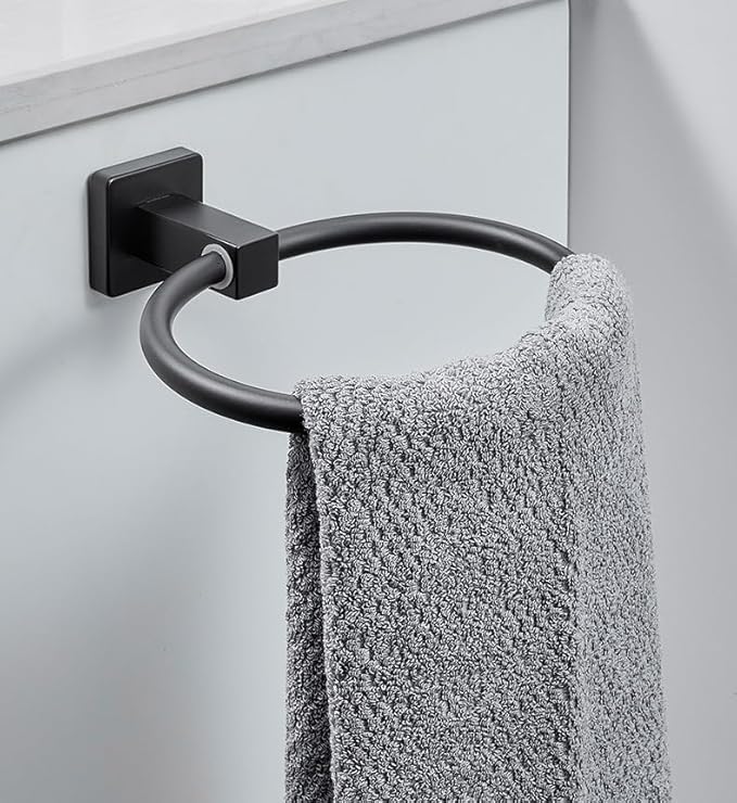 Matte Black Towel Ring,NSCMQSL Modern Hand Towel Ring Holder for Bathroom Wall Mounted,SUS304 Stainless Steel Construction Bathroom Black Towel Rack