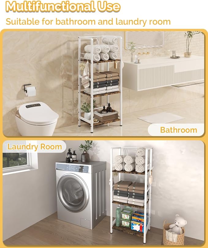Mondazie Free Standing Towel Racks for Bathroom with U-Shaped Detachable Dividers, 3-Tier Floor Towels Holder Stand with Shelf & 8 S-Hooks, Metal Pool Towel Storage Organizer for Home, Poolside, White
