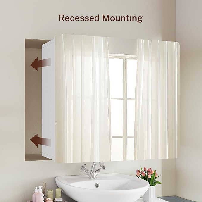 TEENFON Medicine Cabinet Mirror with 2 Doors, Mount or Recessed Bathroom Wall Cabinet, Bathroom Mirror with Storage 3 Adjustable Shelves, White, 27.6 x 22.1 inch