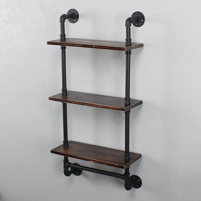 Industrial Pipe Shelf Bathroom Shelves Wall Mounted,19.6in Rustic Wood Shelf with Towel Bar,3 Tier Farmhouse Towel Rack Over Toilet,Pipe Shelving Floating Shelves Towel Holder,Retro Black