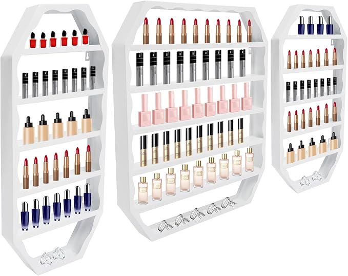Metal Wall Mounted Nail Polish Storage Racks 3 Pcs, Cosmetic Multi-Tiers Display Case, Lipstick Perfume Essential Oil Organizer Octagonal Floating Shelf for Home Spa Nail Salon Shop (White)