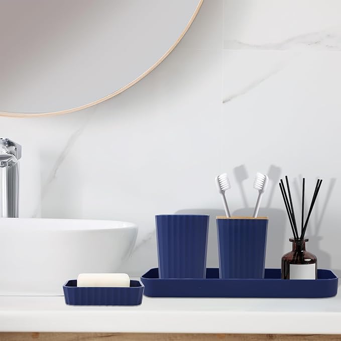 XLHOMO Blue Bathroom Set - Navy Blue Bathroom Accessories Set with with Trash Can,Toothbrush Holder,Toothbrush Cup,Soap Dispenser,Tray,Soap Dish,Toilet Brush,Qtip Holders for Bathroom Home Decor