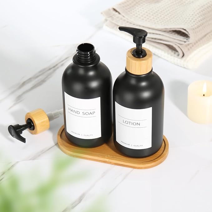KASUNTING Hand and Dish Soap Dispenser Set, Plastic Kitchen Soap Dispenser Set with Bamboo Tray, 17 Fl Oz Black Soap and Lotion Dispensers Sets with 4 Pack Labels for Kitchen & Bathroom Countertop