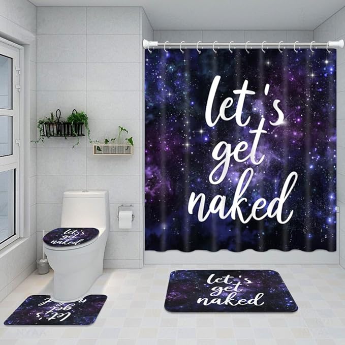 ArtSocket 4PC Black and Purple Let's Get Naked Shower Curtain Sets Starry Sky Bathroom Decor with Rugs, Non-Slip Rug,Toilet Lid Cover, Bath Mat and 12 Hooks 72x72 inches