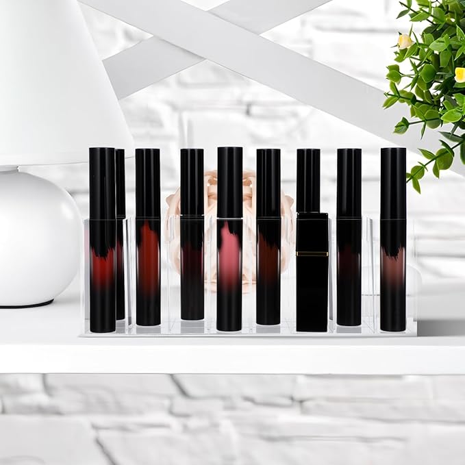 24-Slot Acrylic Lipstick Organizer - Transparent Makeup Storage Case for Lip Gloss Brushes and Cosmetics - Stylish Desktop Display Rack