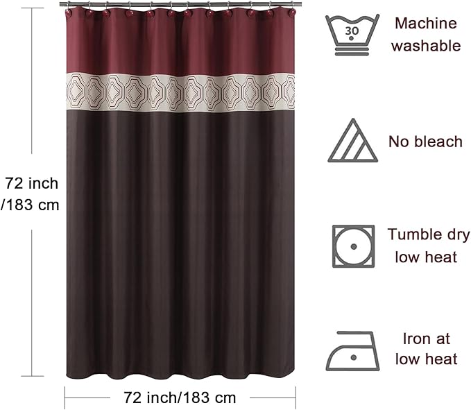 Fabric Shower Curtain, Brown and Burgundy Color Block Cloth Shower Curtains for Bathroom, Waterproof Polyester Bathroom Curtains, 72" W x 72" H