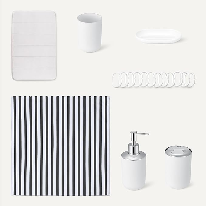 Amazon Basics Complete 18-Piece Bathroom Set with Shower Curtain, Bath Mat and Accessories, 72 x 72 inch, White