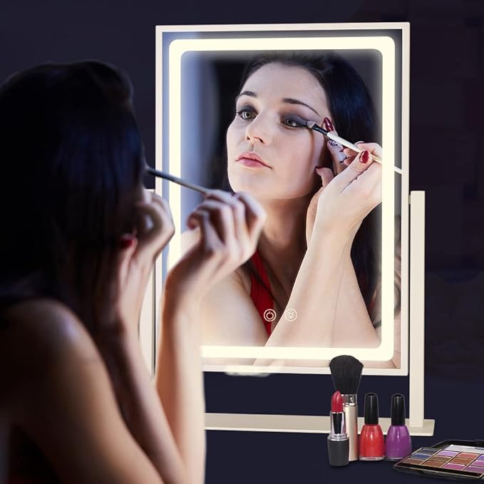 Vanity Mirror with Lights - 13.78"× 10.23" Adjustable Lighted Makeup Mirror for Desk, Detachable 10X Magnification Mirror, Touch Sensor, Desk Mirror for Bedroom & Dressing Room (White)