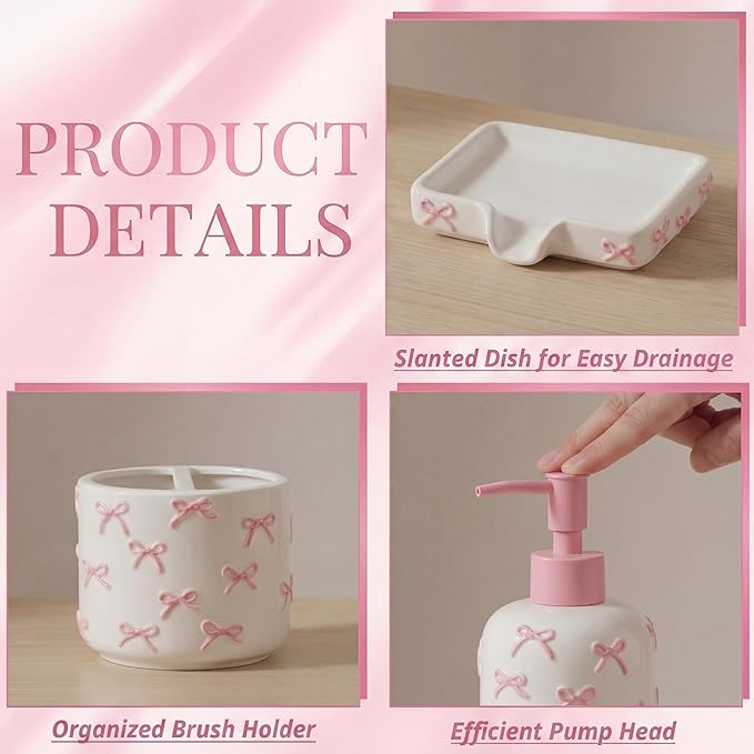 White Bow Ceramic Bathroom Accessories Set 3 Pcs for Countertop, Soap Dispenser, Toothbrush Holder, Soap Holder, Bathroom Sink Decor for Modern Home Decor