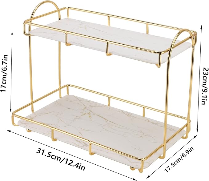 2 Tier Bathroom Storage Rack, Anti Slip Makeup Shelf in Gold White, Humanized Structure, Convenient Counter Organizer for Bathroom (L), Stylebestwxozqvbyd6-12