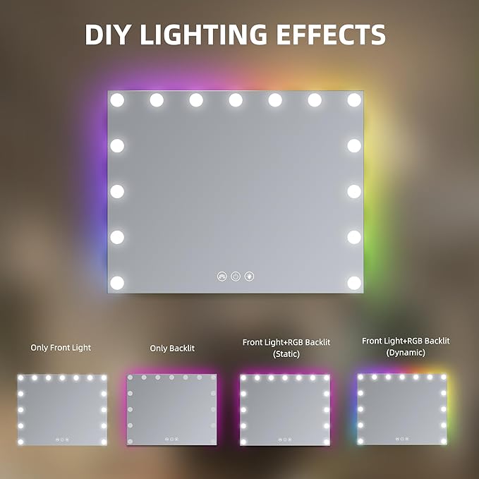 Hansong RGB Vanity Mirror with Lights 23" x 18" LED Hollywood Mirror Makeup Mirror with 15 Dimmable Bulbs and 10X Magnification 3 Colors Modes Touch Control