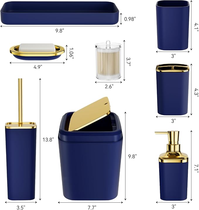 XLHOMO Bathroom Accessories Set - Luxury Blue Bathroom Set, 9 Pieces Bathroom Accessory Set, Navy Blue Bathroom Accessories with Trash Can, Toilet Brush & Soap Dispenser