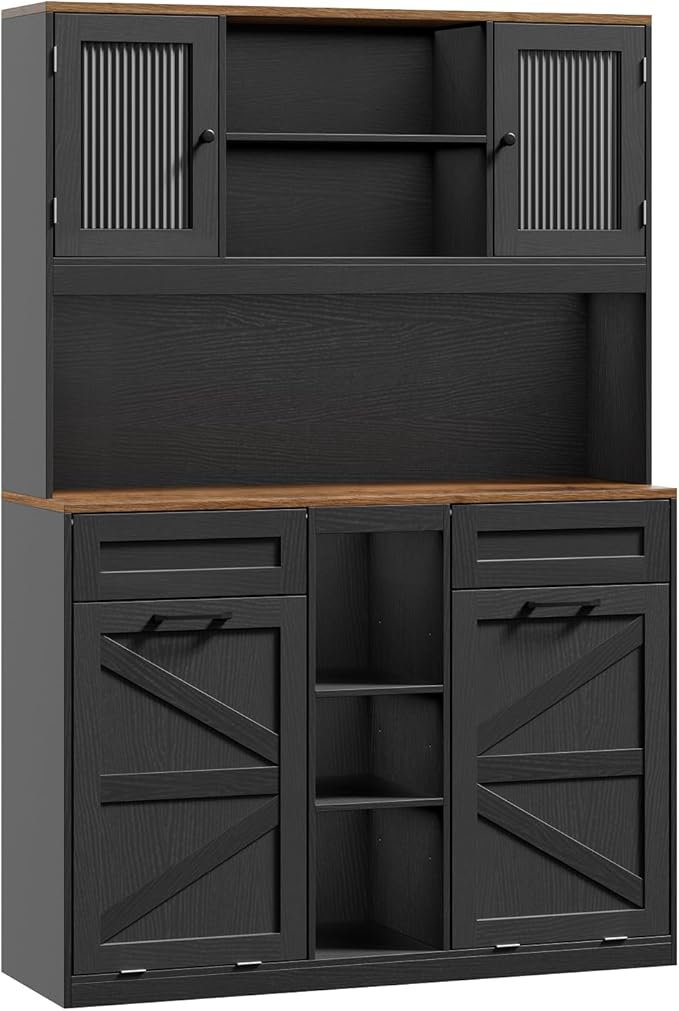 Tall Tilt-Out Double Laundry Hamper Cabinet with 2x11-Gallon Laundry Basket, Trash Bin Cabinet with Fluted Glass Doors, Farmhouse Wooden Bathroom Storage with Push Doors, Black and Walnut