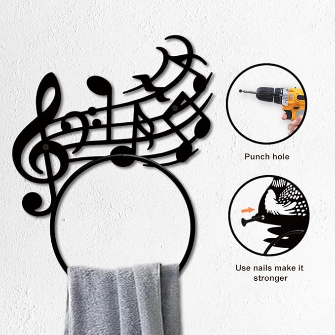 MAYJOYDIY Pentatonic Note Metal Towel Ring Musical Note Towel Holder Musical Artistic Style Towel Ring Black Towel Rack Wall Mounted for Bathroom Kitchen Towel Hanger Home Decors Gift