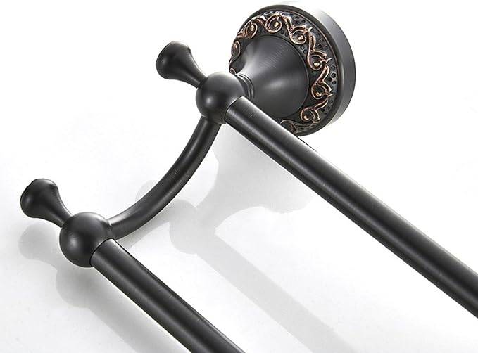 Oil Rubble Bronze Brass Double Towel Bar, Adjustable 15.5 to 27.5 Inch Bath Towel Bar Rack for Bathroom Towel Holder, Wall Mounted Black Bathroom Hardware Accessories,Pattern Carving Design