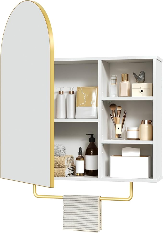RALGEND Bathroom Arched Medicine Cabinet with Mirror, Modern Bathroom Wall Mounted Mirrored Cabinet with Adjustable Shelves and Storage, White and Gold