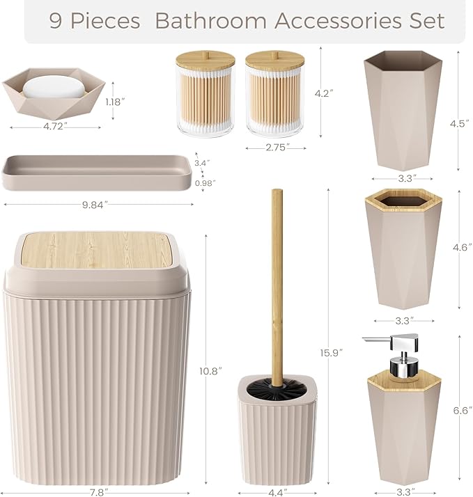 Bathroom Accessories Set - Unbreakable Beige Bathroom Set, Trash Can, Toilet Brush with Holder, Soap Dispenser, Toothbrush and Toothpaste Holder, Tumbler, Soap Dish, Qtip Holders, Tray, Bamboo Decor