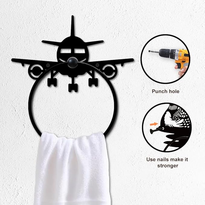 MAYJOYDIY Airplane Metal Towel Ring Model Aircraft Towel Holder for Wall Transportation Wall Decor Towel Hanger Black Art Towel Rack Wall Mounted for Bathroom Kitchen Home Boys Room Decors Gift