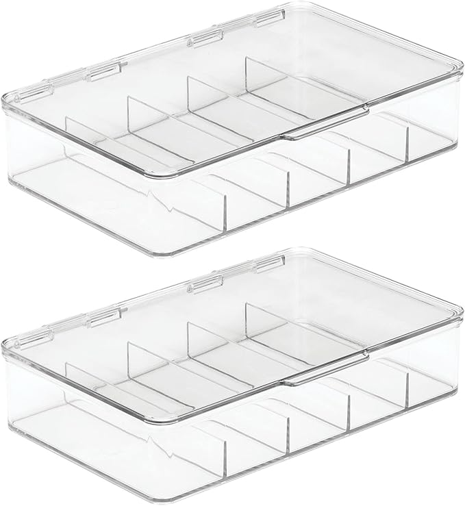 mDesign Plastic Divided Stackable Hair, Makeup & Jewelry Organizer Box with Hinge Lid for Bathroom Vanity Countertop - 5 Sections - Stores Hair Clips, Barrettes - Ligne Collection - 2 Pack - Clear
