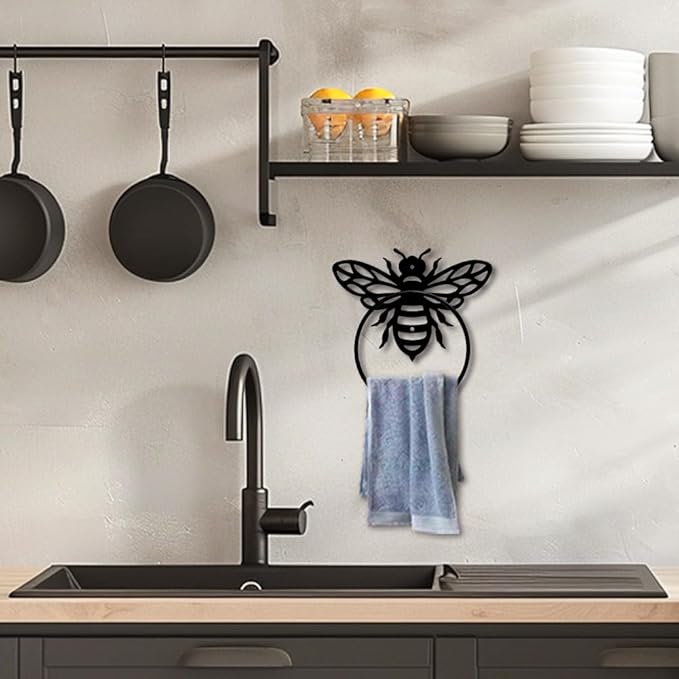 MAYJOYDIY Honey Bee Metal Towel Ring Antique Bumblebee Hand Towel Holder Round Cute Insects Towel Hangers Black Bathroom Towel Rack Wall Mounted for Kitchen Bath Home Laundry Room Decors Gifts