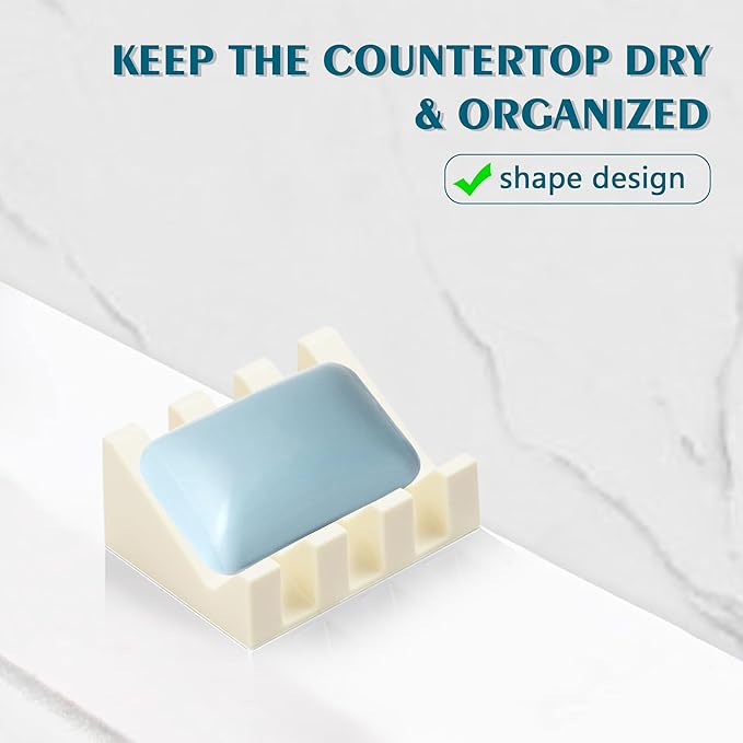 Self Draining Soap Dish Holder,Silicone Soap Dish,for Bathroom,Kitchen, Sponges,Can Extend Soap Life,Keep Soap Bars Dry and Easy Cleaning (Cream White,2-Pack)