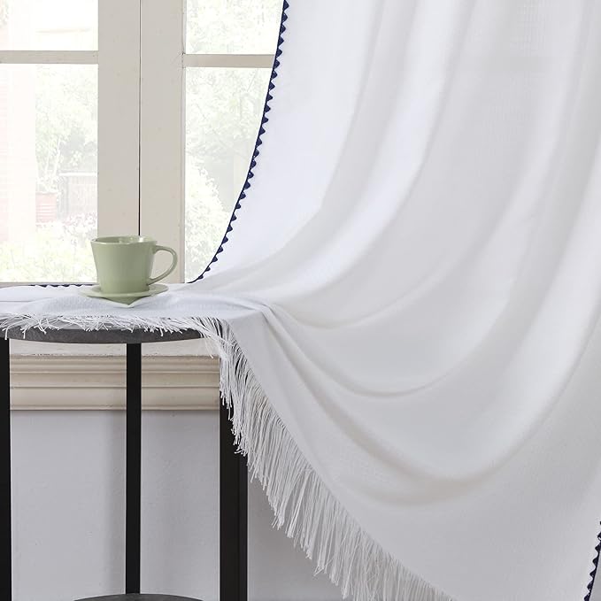 Arlene Blue Stitched Embroidery Edge Boho Window Curtain,White Tassel Panel Pair, Each 42" W x 84" L,Total 84" W x 84" L