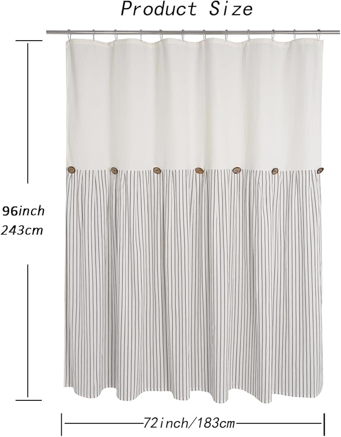 Farmhouse Shower Curtain,Beige and Gray Striped,Button Curtain,Spa Waffle and Cotton Woven Fabric,Rustic Charm Country Chic Style,72x96 in