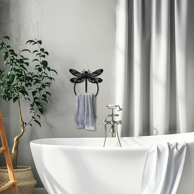 MAYJOYDIY Dragonfly Metal Towel Ring Antique Insects Hand Towel Holder Round Dragonfly Wings Towel Hangers Black Bathroom Towel Rack Wall Mounted for Kitchen Bath Home Laundry Room Decors Gifts