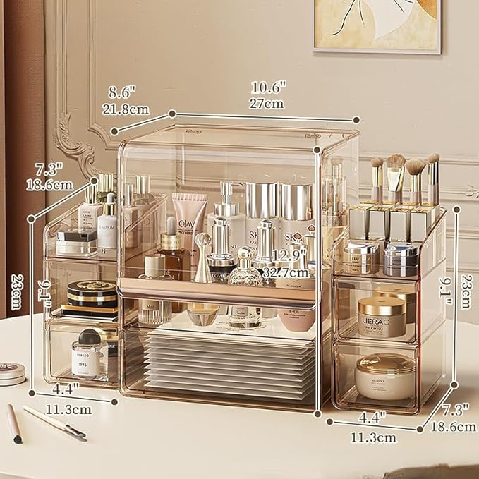 Makeup Organizer with Lid Drawers Translucent Skincare Holder Large Capacity Cosmetics Countertop Storage Box for Vanity Easy Visibility Dustproof (Gold Clear,Large + Brush + Cream Organizer)
