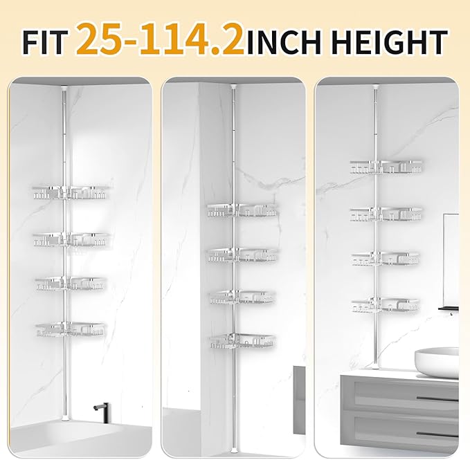 KEGII Adjustable Shower Caddy Corner Tension Pole, Rustproof Shower Rod Organizer with Hooks, Floor to Ceiling Tension Rod 25-114.2 Inch, Bathtub Storage Organizer for Shampoo, 4-Tier Silver