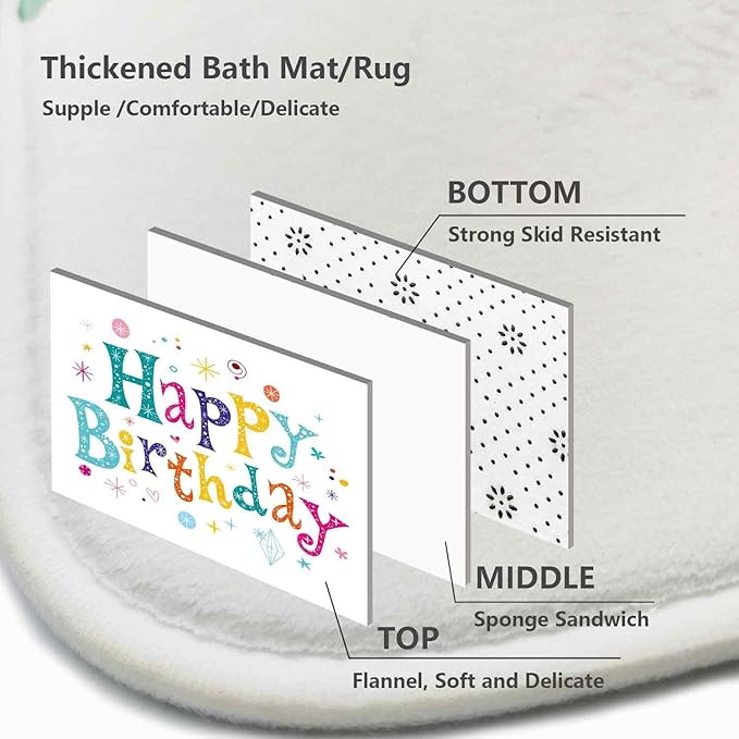 4 Pcs Colorful Happy Kids Birthday Shower Curtain Sets with Non-Slip Rugs, Lovely Kid's Birthday Shower Curtain Colorful Cartoon White Fabric Bathroom Shower Curtain with 12 Hooks, 72" x 72"