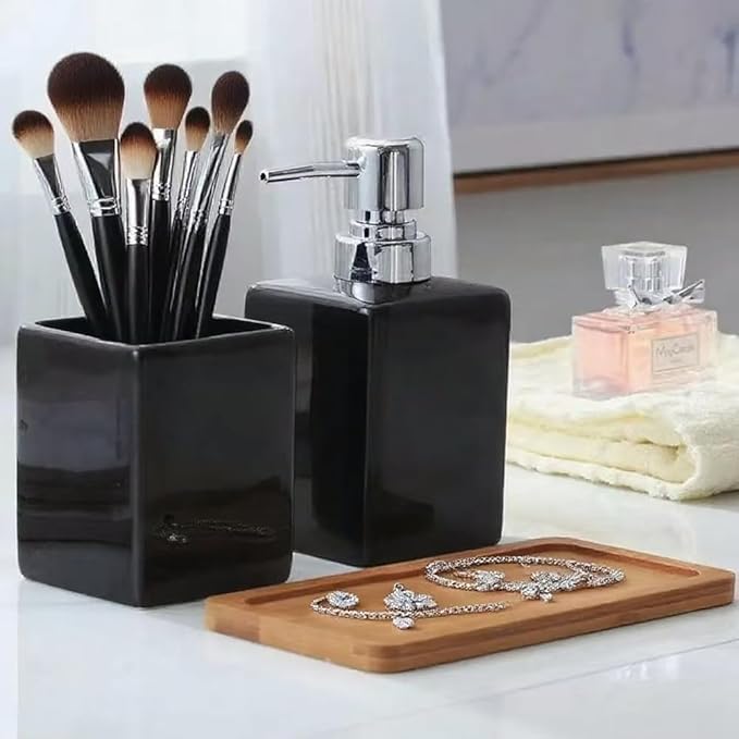 Black Soap Dispenser and Toothbrush Holder with Tray,Ceramic Bathroom Accessories Set Modern Decor Bath Set,Countertop Organizer
