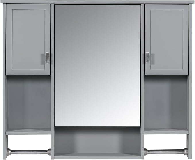 Merax Medicine Cabinet for Bathroom, Wall Mount Bathroom Cabinet with Mirror, Open Shelf, and Towel Bar, 35" W x 28.7" H Over The Toilet Mirrored Bath Wall Cabinet