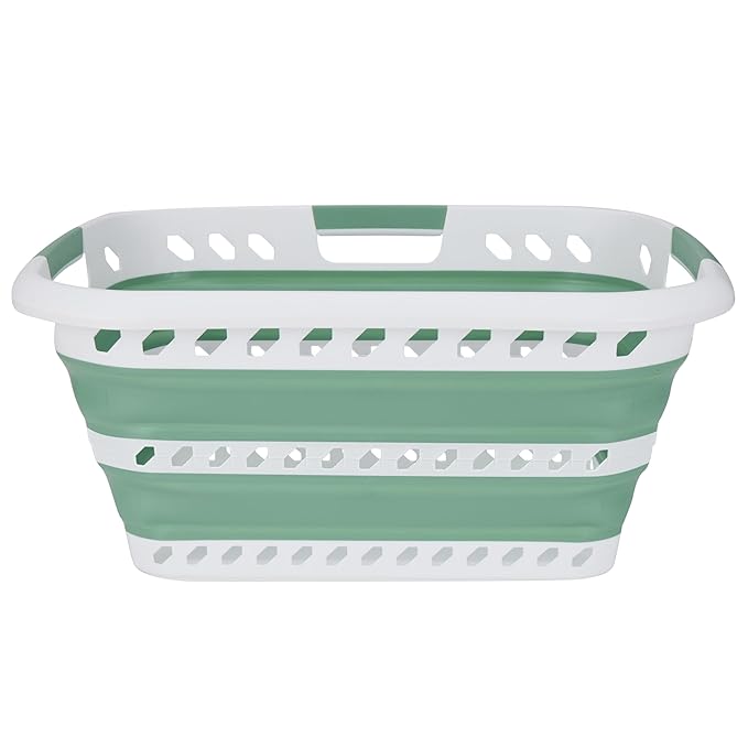 Laundry 360 Collapsible Laundry Basket | Portable | Space Saver Storage | Hold 2 Loads | Store Under the Bed or Closet | Good for Kids | Dorm | Bedroom | Large | White/Sage