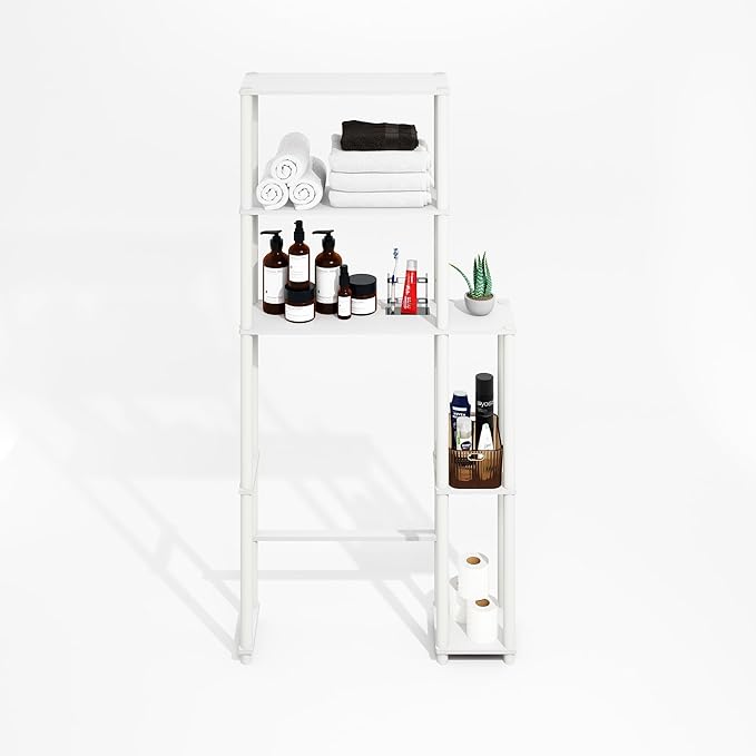 Furinno Turn-N-Tube Over The Toilet Storage, 5-Shelf Over The Toilet Organizer, Freestanding Space Saver Bathroom Shelf, for Bathroom Organizers and Storage, Plain White
