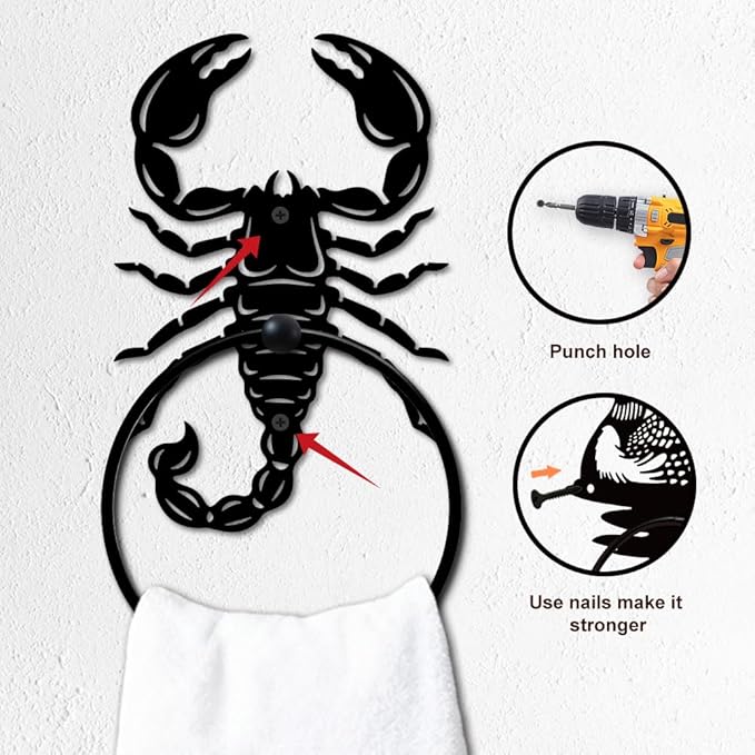 MAYJOYDIY Scorpion Metal Towel Ring Round Reptile Hand Towel Holder Ring Hanger Wall Mount Black Vintage Towels Wall Organizer for Kitchen Bath Home Laundry Room Decors Gifts