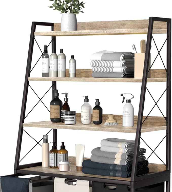 Herture Laundry Basket, 3 Section Laundry Hamper with 4 Tiers Shelf, Pull-Out and Removable Laundry Bags, Large 3 x 15.87 Gallons, for Laundry Room Bathroom Greige PF05XLZ