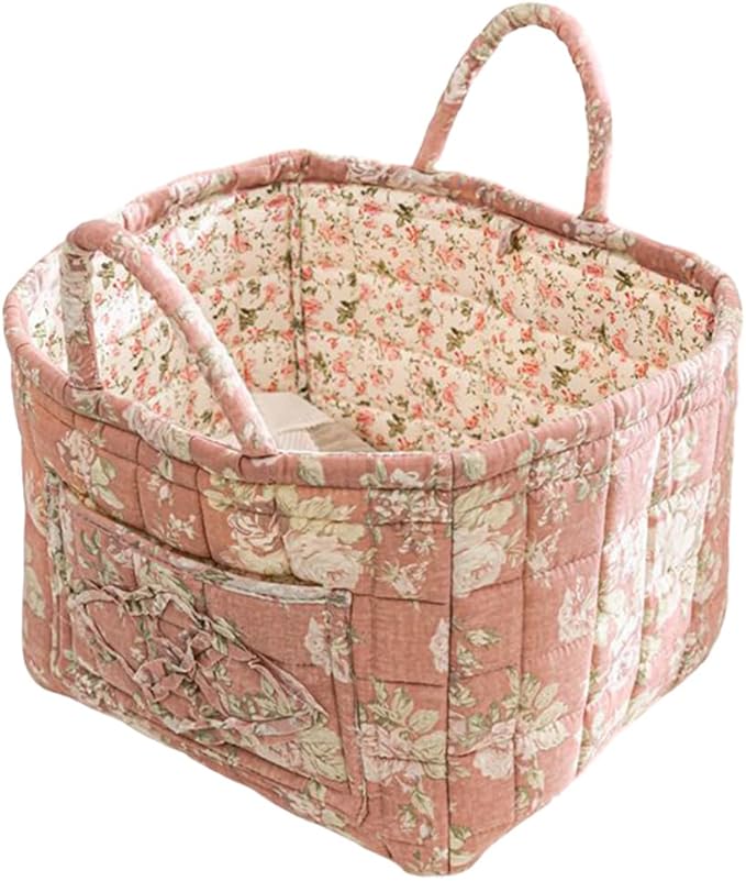 Quilted Fabric Storage Basket Boho Floral Laundry Hamper with Handle Foldable Floral Basket Organizer for Car Bedroom