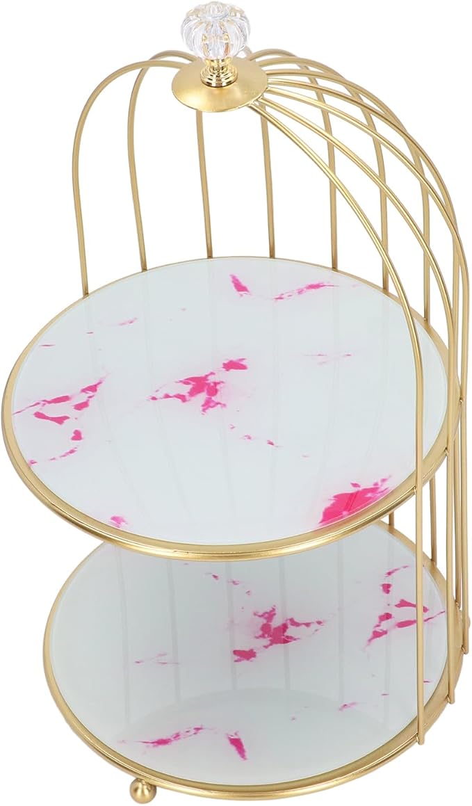 Double Layer Storage Shelf Bird Cage Organizer Display Rack for Bathroom Countertop Dressing Table Gold Frame (Pink Stone Pattern)
