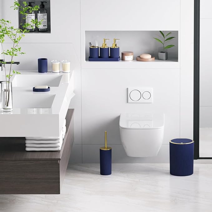 Navy Blue Bathroom Accessories Set, 10PC Bathroom Set, Bath Accessory with Pop Up Trash Can, Soap Dispenser, Toilet Brush, Toothbrush Set Qtip Holders & Tray
