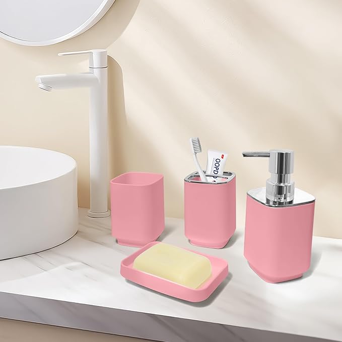 4 Piece Bathroom Accessory Sets, Light Pink Bathroom Accessories Sets Include Toothbrush Holders Set, Soap Dispenser, Soap Dish and Toothbrush Cup, Modern Bathroom Decoration