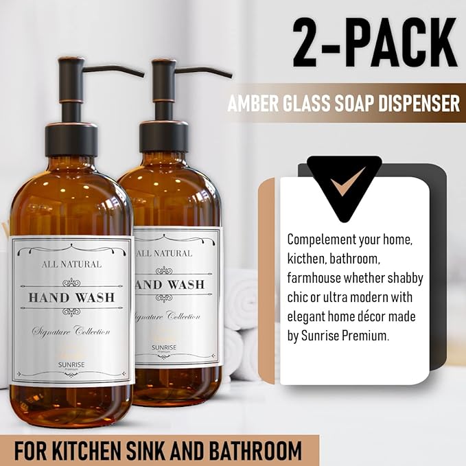 Sunrise Premium 2 Pack Amber Glass Soap Dispenser 16 OZ with Oil Rubbed Bronze Stainless Steel Pump, Hand and Dish Soap Dispenser Set for Bathroom and Kitchen Sink with 6 Waterproof Labels
