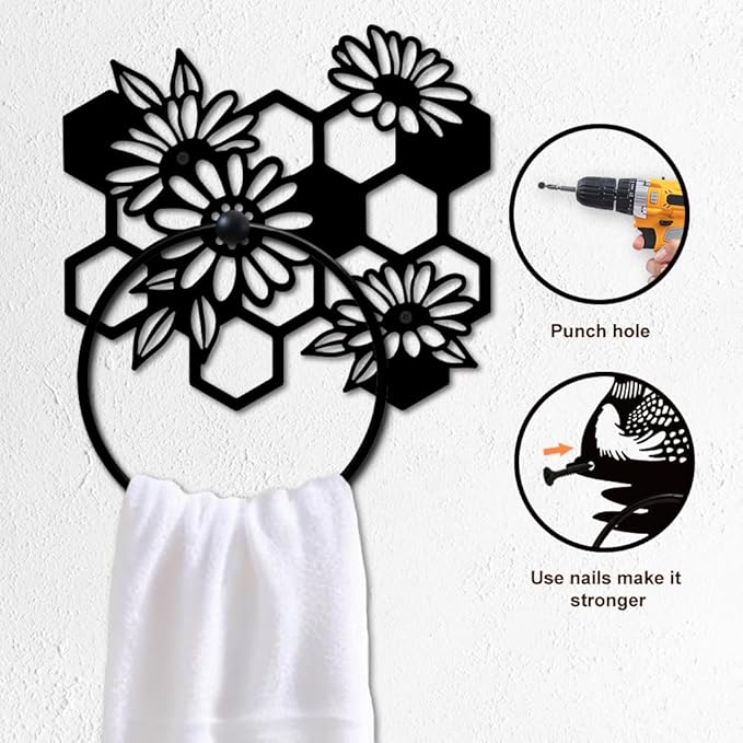 MAYJOYDIY Beehive Flowers Metal Towel Ring Honeycomb Towel Holder for Wall Flowers Leaves Plants Black Art Towel Rack Wall Mounted for Bathroom Garden Kitchen Home Decors Gift